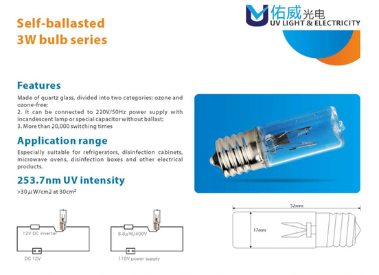 le lampadine UV-C della zavorra di auto di 2w 3w uccidono i batteri per i refrigeraters